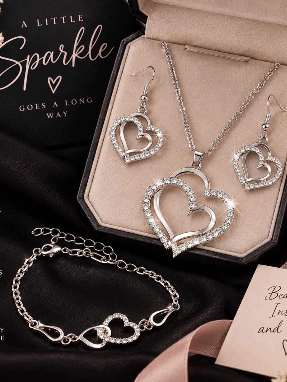 Silver Heart Crystal Pendant Necklace & Earring Set Silver-Tone 3-Piece!!